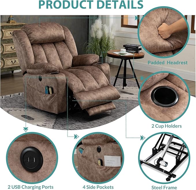 MEETWARM Large Power Lift Electric Recliner Chair with Extended Footrest for Big Tall Man Overstuffed Wide Recliner with Heat and Massage 2 Remote Controls/4 Side Pockets/USB Ports(Plush-Brown)