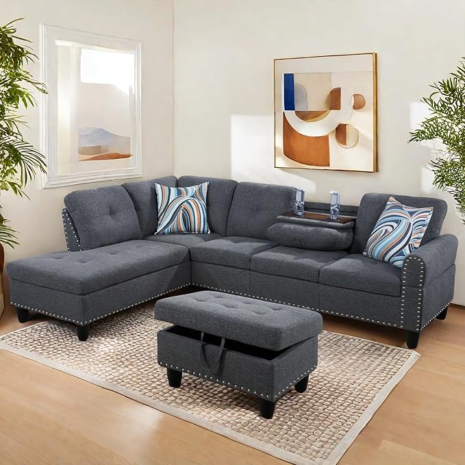 FONTOI L Shaped Sectional Couch with Otttoman 97 Leather Sectional Sofa for Living Room Modular Couches with Cup Holders for Bedroom Apartments Grey