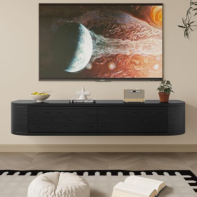 Maggym 47 Wall-Mounted TV Stand with Side-Opening Storage Modern Engineered Wood Floating Media Console with Drawers and Open Shelf