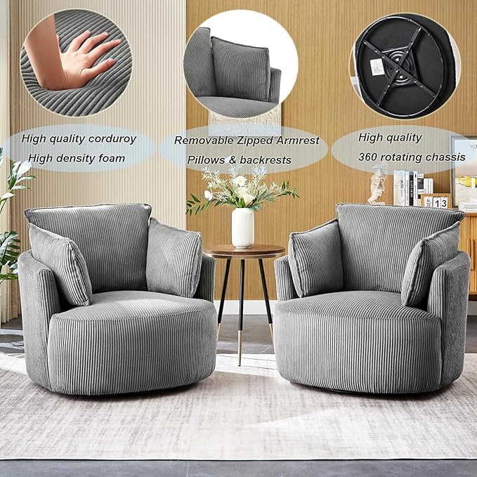 Swivel Accent ChairModern Accent Chairs for BedroomLiving Room Chair ComfyCorduroy Arm Chair360°Swivel Barrel Chairs for Living Room(1 Dark Gray)