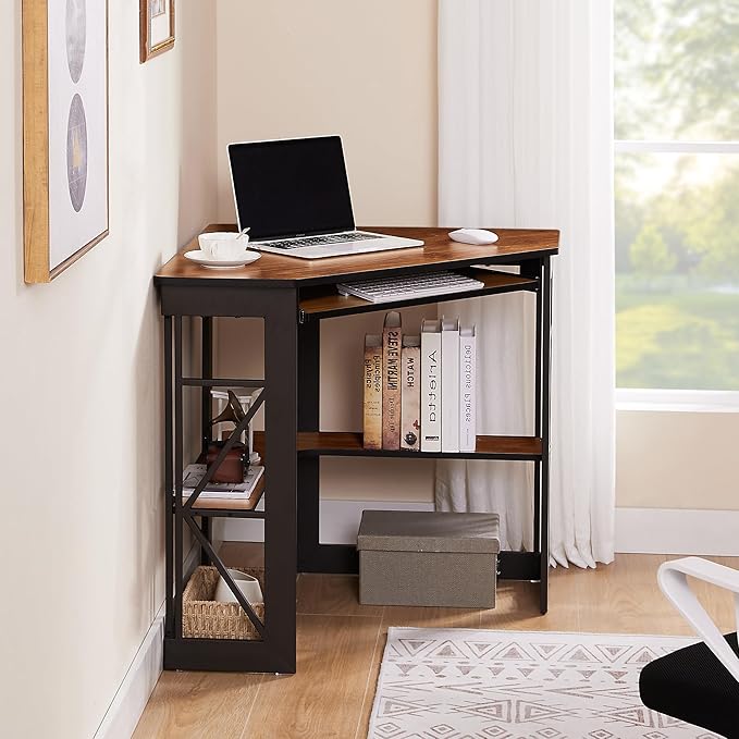 VECELO Corner Desk Computer Desk Writing Table with Smooth Keyboard Tray&ampStorage Shelves for Small Spaces/Compact Home Office Triangle TableTeak Brown