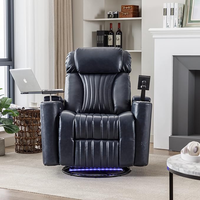 Power Swivel Glider Recliner for Nursery Home Theater Seating with Hidden Arm Storage LED Light Strip Cup Holder Tray Table Cell Phone Holder for Living Room