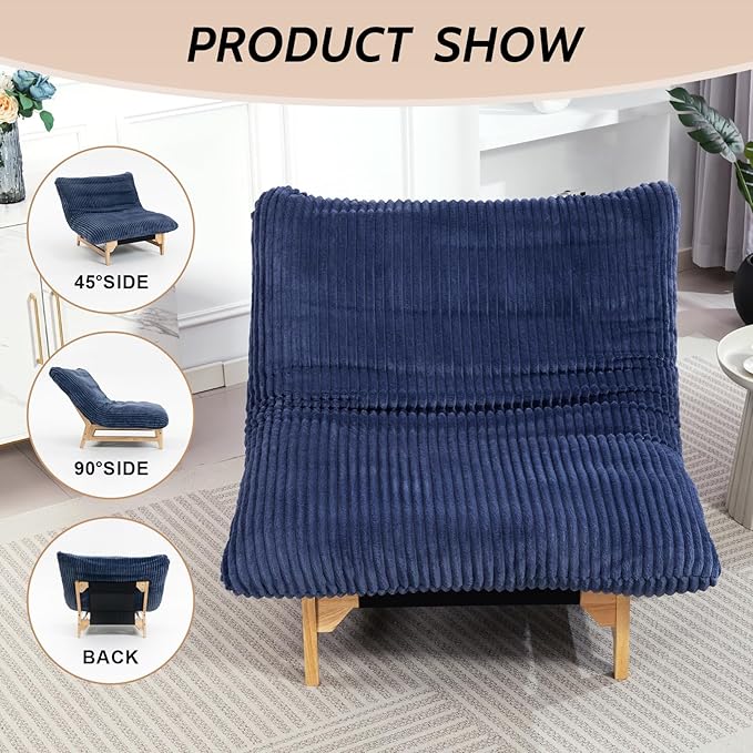 Oversized Cloud Chair with Solid Wood Base Corduroy Bean Bag Accent Chair for Adults Big Fluffy Shredded Foam Filled Reading Armchair for Bedroom Living RoomBlue