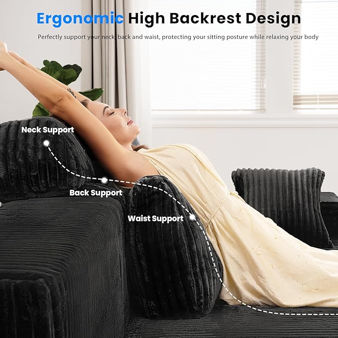 69'' Loveseat Couch with High Backrest Small Modular Sectional Sofa Cloud Corduroy Boneless Couches for Living Room(Black)