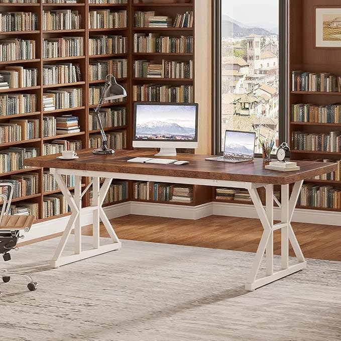 70.8 Modern Executive Computer Desk Wide Writing Desk for Home Office Minimalist Style Workstation Large Study Desk for Bedroom or Workspace White