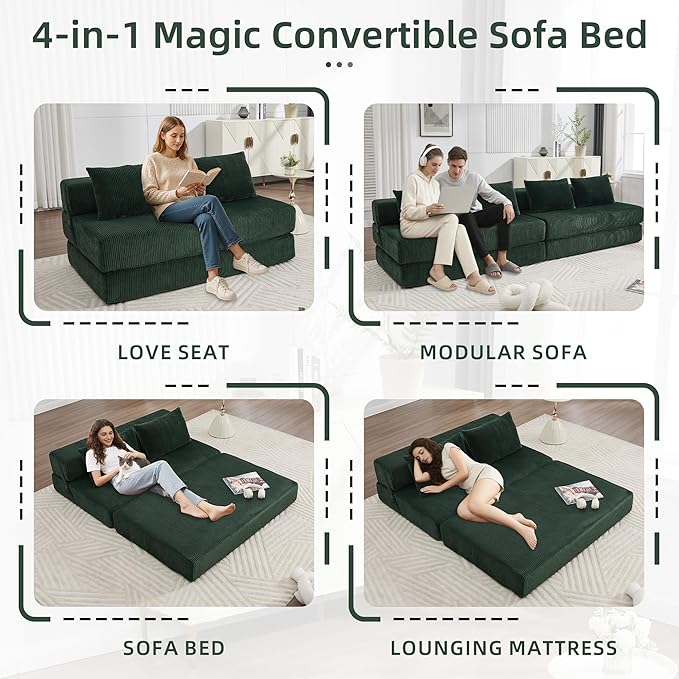 GNIXUU Fold Out Couch 3-in-1 Convertible Futon Sofa Bed with 2 Pillows Corduroy Foldable Floor Chair Boneless Loveseat Couches for Living Room Bedroom Small Spaces Green