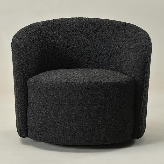KINWELL 34 Boucle Swivel Barrel Chair with 18 Round Ottoman Set Fully Assembled Set of Sherpa Accent Chair and Footrest Modern Comfy Armchair and Footstool for Living Room and Bedroom Black