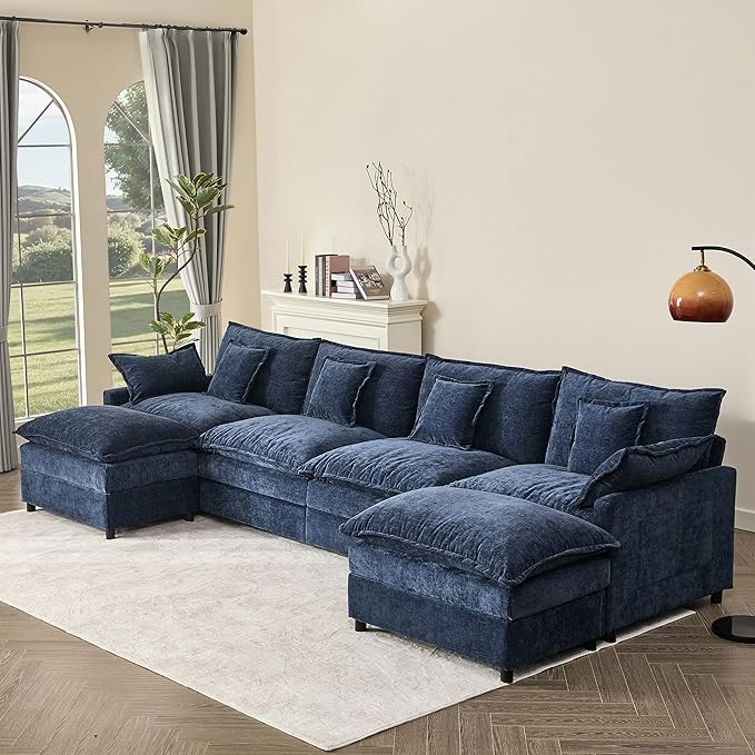 142.5 U Shaped Couch Modular Sectional Sofa 3-Seater Comfy Cloud Couch Set of Modular Pieces with Movable Ottoman Deep Seat Couches for Living Room Chenille Navy