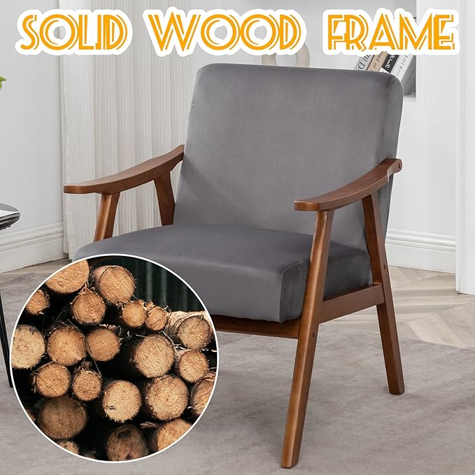 Mid Century Modern Accent Chair Upholstered Armchair Comfy with Wood Legs Siting Chair with Soft Cushion PU Leather Side Chairs for Living Room Bedroom Office (Velvet Grey)