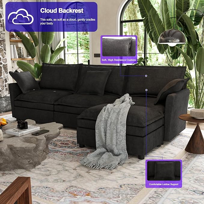 112 Inch Dark Grey Cloud Sectional Couch - Wide Pillow Edge Chenille Comfy Upholstered 3 Seater Modular Sofa with Ottoman L Shaped Couches for Living Room Apartment Office