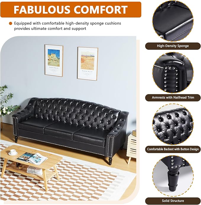 AVZEAR 3 Seater Large Sofa Chesterfield Sofa Set 80 Mid-Century Modern PU Sofa Upholstered Couch with Nailhead Trim and Button Tufted for Living Room Office Bedroom Black