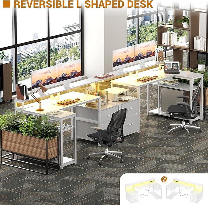 Aheaplus L Shaped Desk with File Drawer Reversible L Shaped Computer Desk Gaming Desk with Power Outlet &amp LED Strip Home Office Desk with Monitor Shelf Corner Desk with Storage Shelves White