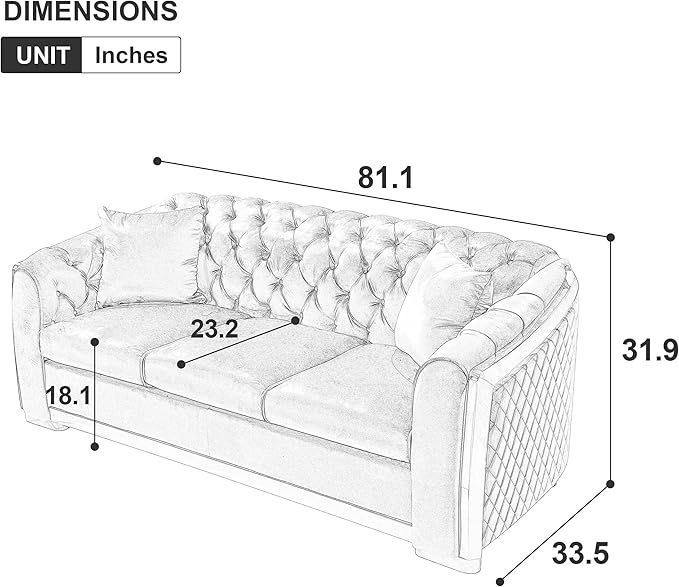 81.1 Beige &amp Gold 3 Seater Sofa Couch Velvet Chesterfield Sofa Modern Sectional Couch for Living Room Button Sofa with 2 Pillows