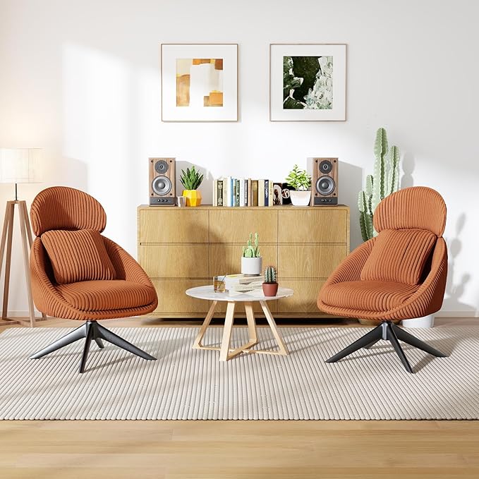Furniliving Large Swivel Accent Chair Modern Arm Chair Sofa Chair with Pillow Living Room Chair Bedroom Chair with Headrest Comfy Desk Chair Upholstered Chairs for Rest Room Corduroy Orange