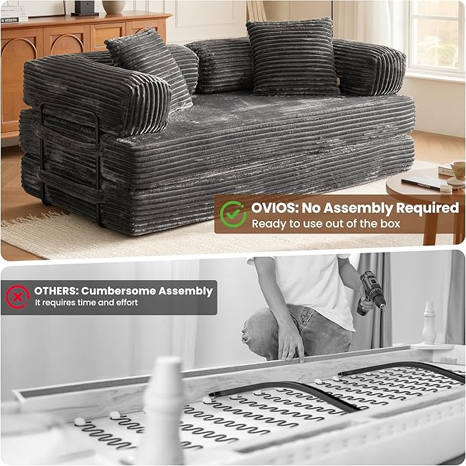 ovios 81 Folding Sofa Bed Foldable Sleeper Boneless Couch with Pull Out Beds Modular Convertible Floor Futon Loveseat Lounger for Living Room (Faux Fur Grey)