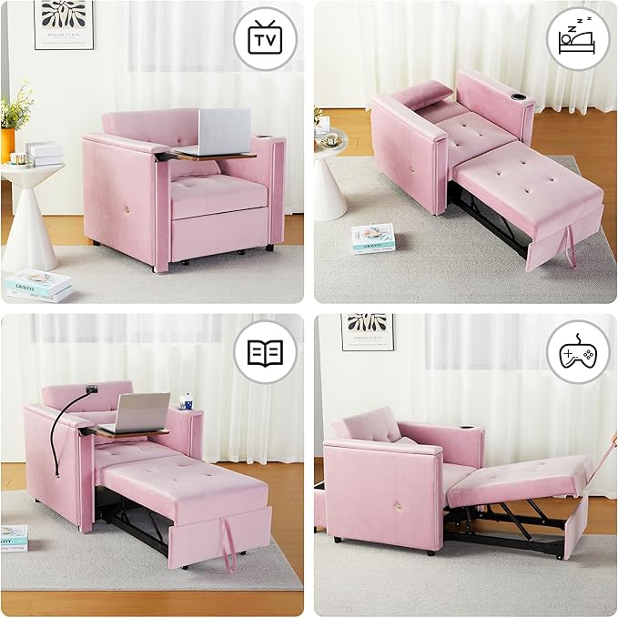 AVZEAR 4-in-1 Convertible Single Sofa Chair Bed with Pillow Multi-Functional Sleeper Chair with Adjustable Backrest Modern Velvet Sleeper Chair Bed for Living Room Apartment Small Space Pink