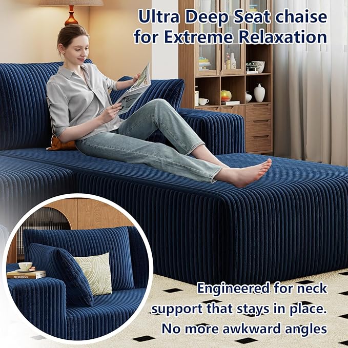 96 Modular Sectional Sofa Modern Corduroy Cloud Couch with Deep Seat Boneless Couch Upholstered 3-Seater L-Shaped Sofa for Living Room No Assembly Required (Blue Right-Facing Chaise)
