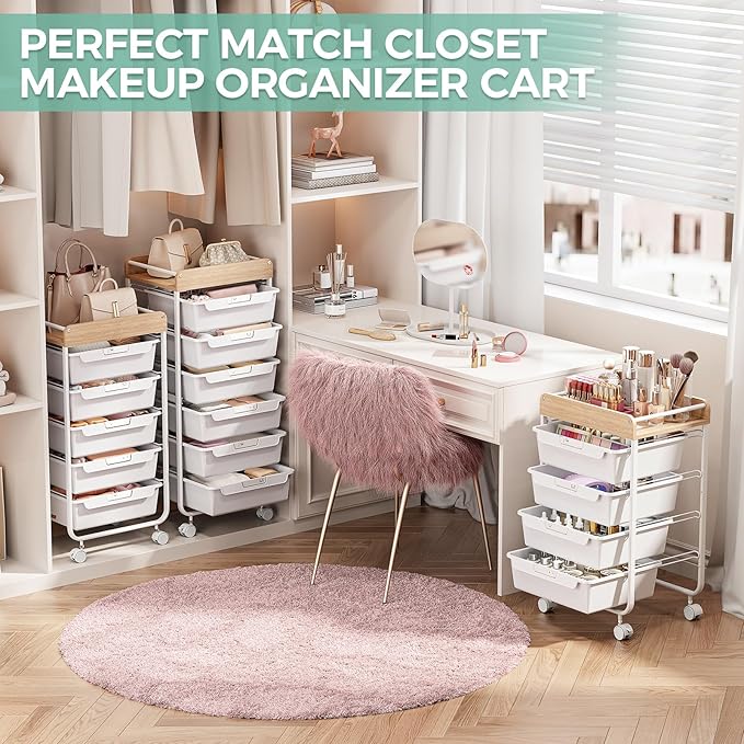 Rolling Storage Utility Cart with 4 DrawersKids Craft Art CartMakeup Organizer and Storage with Wooden TabletopWhite