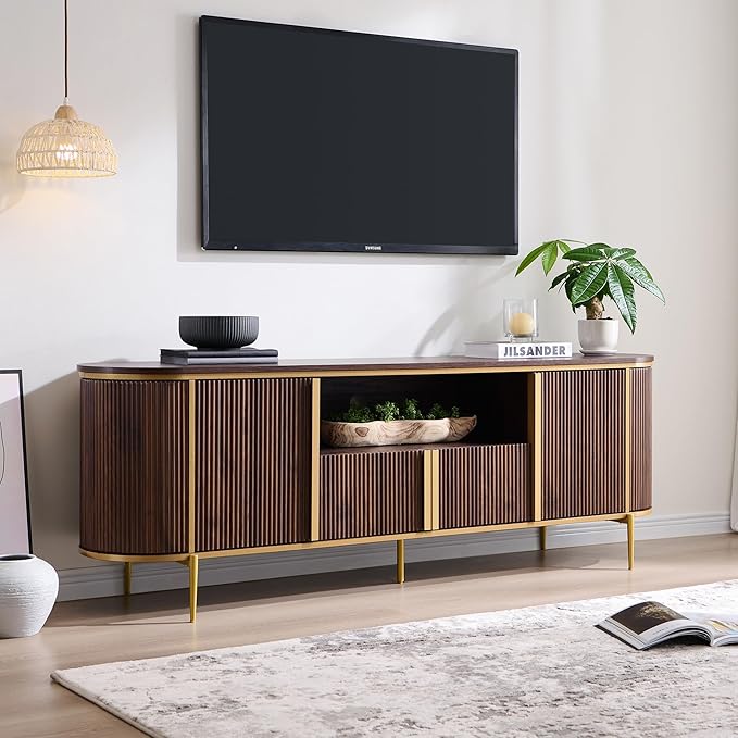 OKD Luxury 70 Fluted TV Stand Modern Chic Entertainment Center for TVs Up to 80 inches TV Console with Faux Marble Top Curved Profile Design Media Console for Living Room (Dark Walnut)