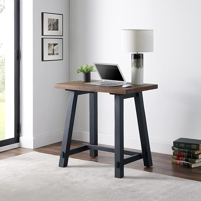 Adam 32 in. Solid Pine Wood Desk Rustic Industrial Style Distressed Black Sawhorse Legs Compact Office Desk Natural Wood Characteristics 32 in. W x 21 in. D x 30 in. H Ideal for Home Office