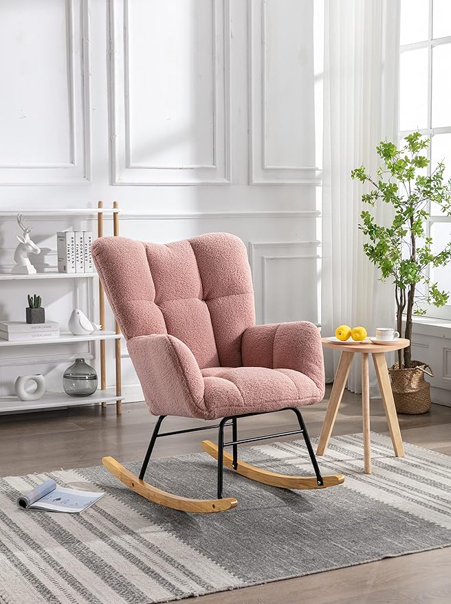 Mid Century Modern Teddy Fabric Tufted Upholstered Rocking Chair Padded Seat for Living Room BedroomPink
