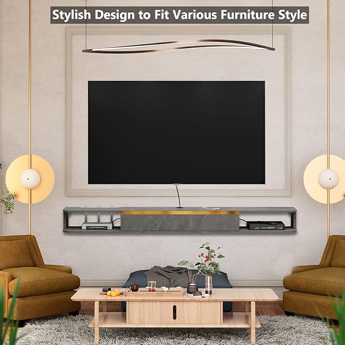 Floating TV Stand 95'' Wall Mounted Entertainment Center TV Media Console Floating Shelves with Door Floating TV Cabinet Large Storage TV Bench for Living Room (Dark Grey 94.49IN)