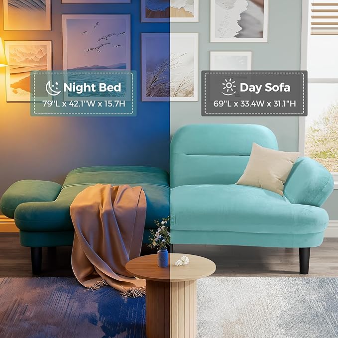 79” Futon Sofa Bed Sleeper Sofa Convertible Sofa Bed with Adjustable Backrest and Armrests Luxury Velvet Cloud Loveseat Convertible Recliner Sleeper Sofa for Living Room Bedroom Apartment Green