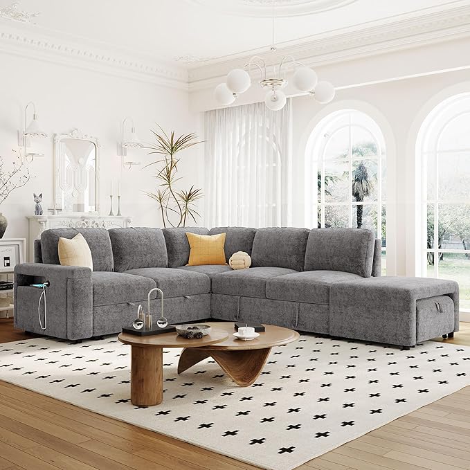Convertible Sleeper Sectional Sofa with Pull-Out Bed and Storage Space &amp Ottoman Armrest w/USB Ports &amp Cup Holders Corner 6 Person L-Shape Modular Couch for Living Room Apartment (Grey)