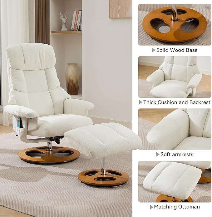 Chenille Massage Recliner Chair with Ottoman Heated Swivel Lounge Chair with Footstool 5-Point Vibration Massage 140° Adjustable Backrest for Living Room Bedroom Office (White)