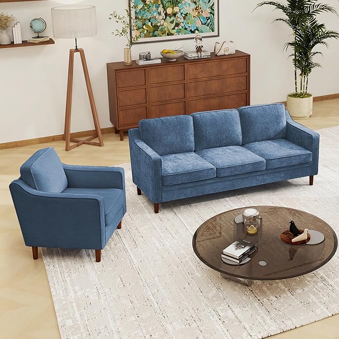 Kingfun Living Room Furniture Sets 3 Seater Couch and Armchair Mid Century Modern Sofa Set Chenille Couch with Solid Wood Frame for Living Room &amp Bedroom Light Blue