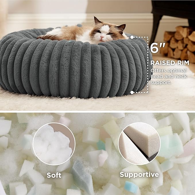 Bedsure ComfyFleece™ Cat beds for Indoor Cats - Donut Dog Beds for Small Dogs with Corduroy Fleece &amp Anti Slip Bottom Faux Fur Pet Beds with Washable Removable Cover Warm Grey 20x20x6 inches