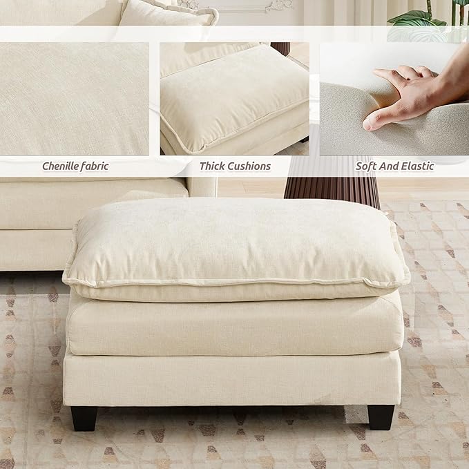 Chenille Upholstered Ottoman Footstool with Cushion for Sectional Sofa Couch 300lbs for Living RoomApartmentHome Theater(Beige)