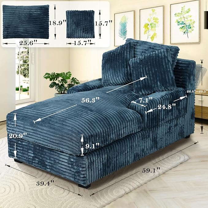 59 Inches Chaise Lounge Indoor with Adjustable Backrest Single Sleeper Sofa Chair with Lumbar Pillows Upholstered Sofa Bed for Living Room Bedroom Office