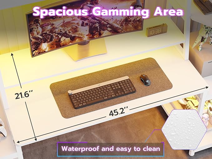 SEDETA White Gaming Desk 65.7'' with LED Lights Hutch and Storage Shelves Computer Desk with Monitor Stand Large PC Gamer Desk Workstation Ergonomic Gaming Table for Bedroom Living Room