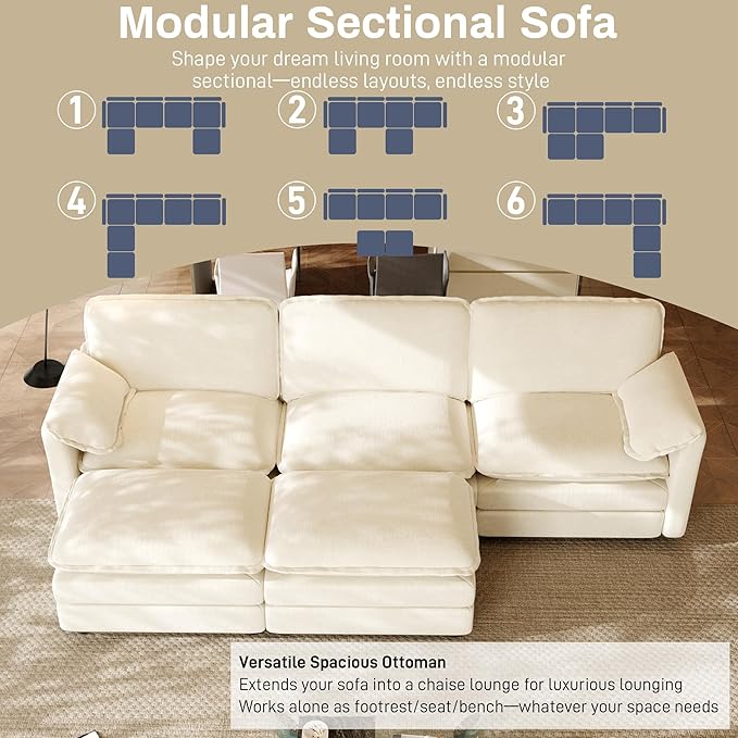Cloud Couch Modular Sectional Sofa 114 U Shape Comfy Sectional Couches for Living Room 3 Seater Modern Chenille Deep Seat Cloud Sofa with 2 Ottoman and Memory Foam White