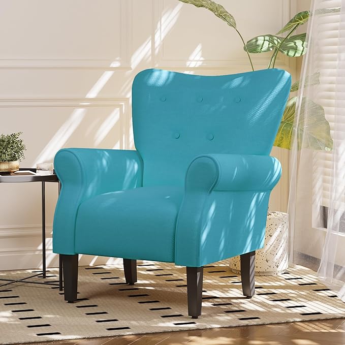 MELLCOM Mid Century Wingback Arm ChairModern Upholstered Fabric High Back Accent Chair with Wood LegsUpholstered Single Sofa Club Chair for Living Room Bedroom Home Office Teal