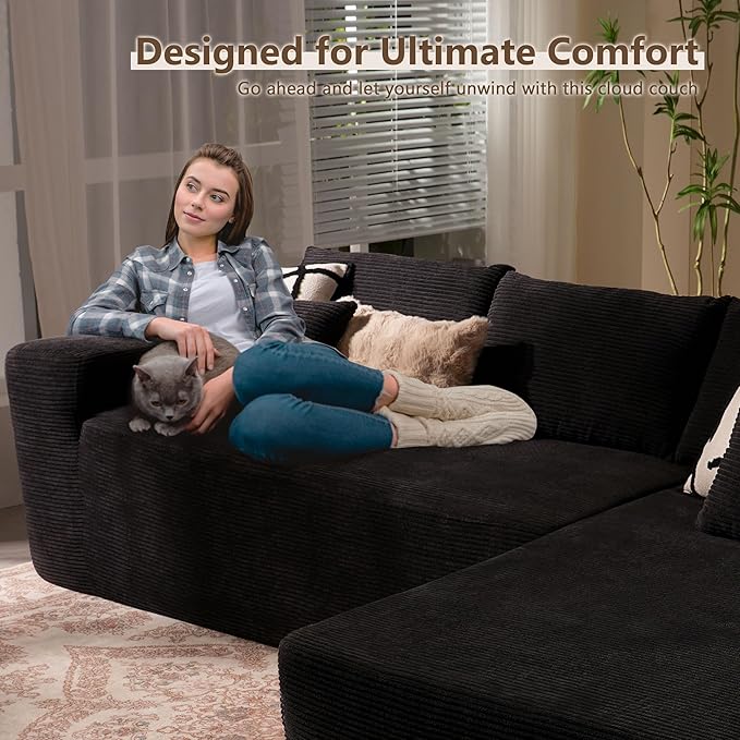 106 Modular Cloud Sectional Sofa Couch - L Shaped Lounge Couches for Living Room with ChaiseMdoren Minimalist Sleeper SofaDeep SeatNo Assembly Required (BlackCorduroy Right Facing Chaise)