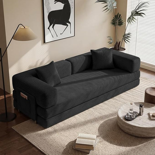 Convertible Floor Sofa Couch | 98.4’’ Folding Futon Sofa with Storage Pocket Oversized Corduroy Loveseat Sleeper Sofa with Pull Out Bed Modular Sectional Sofa for Apartment | Black