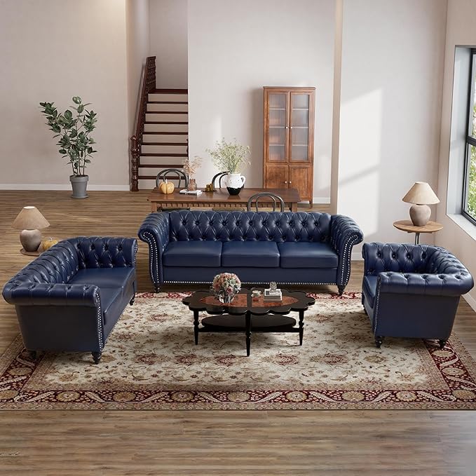 AVZEAR Leather Upholstered Armchair Single Sofa Chair with Rolled Arms and Nailhead Mid-Century Modern Tufted PU Chesterfield Chair for Living Room Bedroom Office Apartment PU Blue