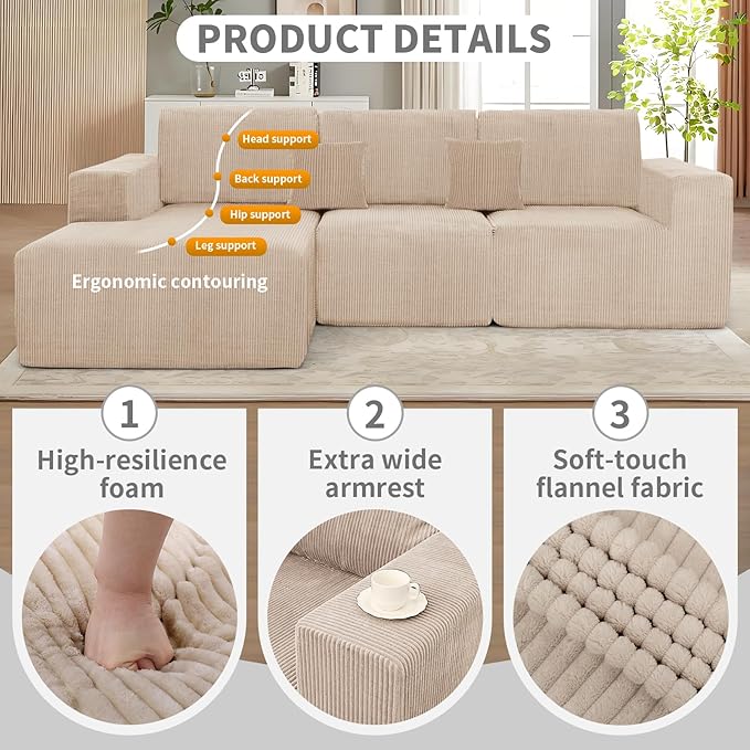 111 Boneless Couches for Living Room 3-Piece Cloud Couch Modular Sectional Deep Seat Compressed Couches for Living Room Bedroom Plush Corduroy Fabric No Assembly Required Khaki
