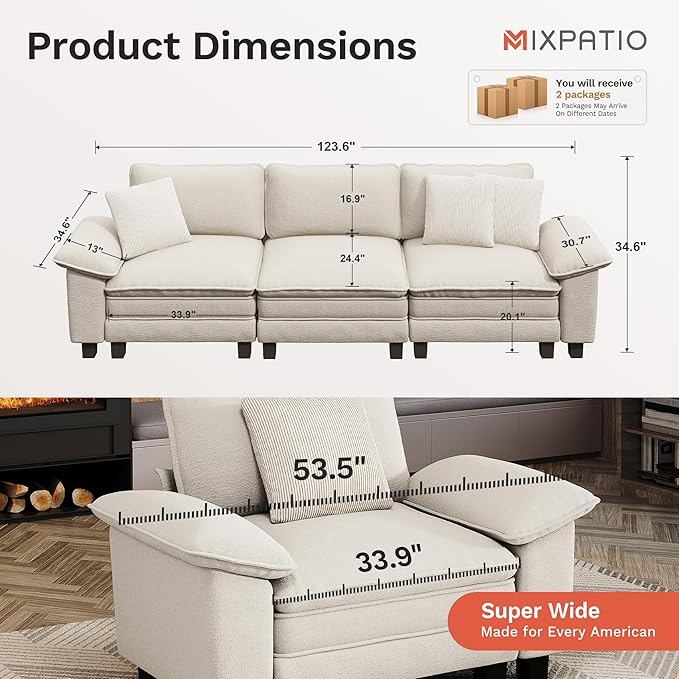 123 Cloud Modular Sectional Sofa 3-Seater w/Deep Seat &amp Removable Arms Plush Corduroy for Living Room - Beige