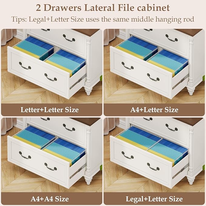 Farmhouse Lateral File Cabinet 2 Drawers File Cabinet for Legal/Letter/A4 Size Hanging Files Large Wood File Storage Cabinets Printer Stand for Home Office Cabinet White