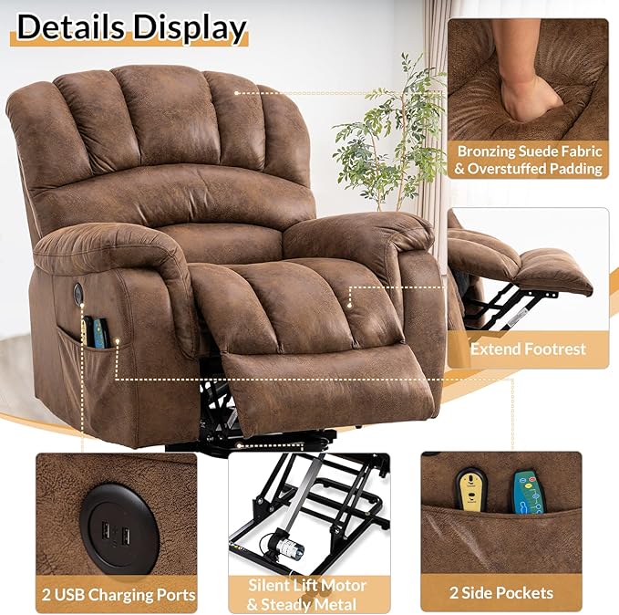 Large Electric Power Lift Chairs Recliners for Elderly Big Man with Massage and Heat Oversized Wide Reclining Chairs for Living Room with 2 Remote Controls/USB Ports/Side Pockets(Brown)