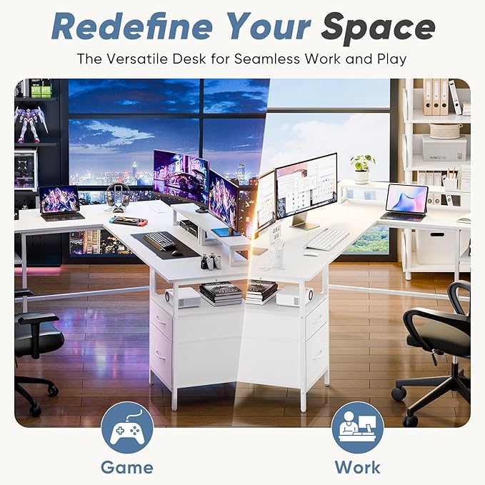 DUMOS 62 Inch L Shaped Gaming Desk with Charging Station &amp 2 Monitor Stands Computer Desk with Drawer &amp Adjustable Storage Shelves Large Corner Desk for Home Office White