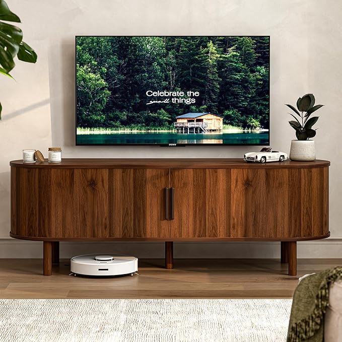 TV Stand for TVs up to 60 Inch Entertainment Center with Sliding Doors and Adjustable Shelf Modern TV Console with Storage for Living Room Bedroom Walnut