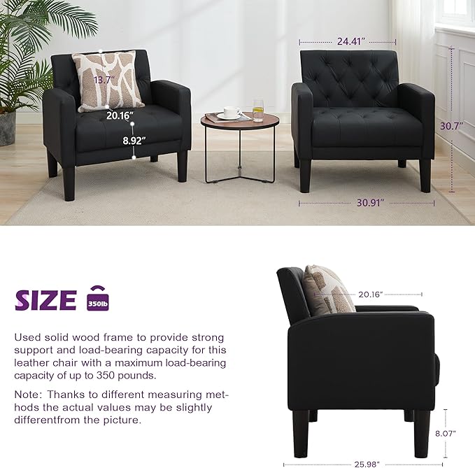 TYBOATLE Accent Chair Comfy Living Room Chair Black Leather Tufted Mid Century Modern Accent Chairs Small Cozy Reading Arm Chair for Office Bedroom (1 Black)