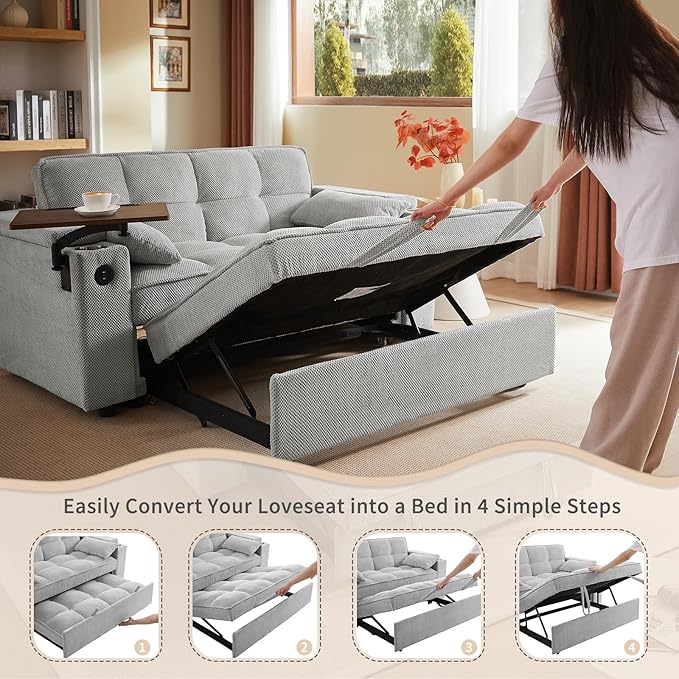3-in-1 Convertible Sleeper Sofa Couch 65.35 Grainy Corduroy Fabric Pullout with 360° Swivel Side Table Charging Port &amp Storage Box Easy to Assemble for Living Room