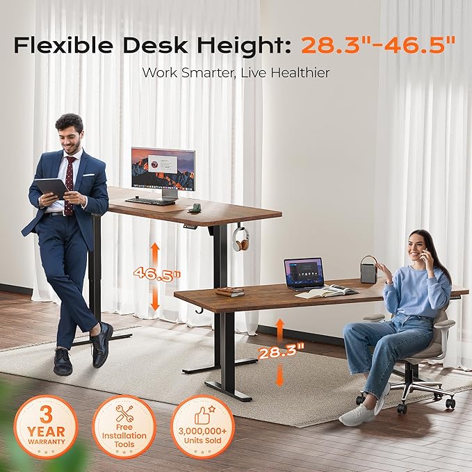 Huuger 71 x 30 Large Electric Standing Desk Height Adjustable Computer Desk 29.5 Deep Desktop Stand up Gaming Office Table with 2 Hooks 3 Preset Heights for Home Office Rustic Brown