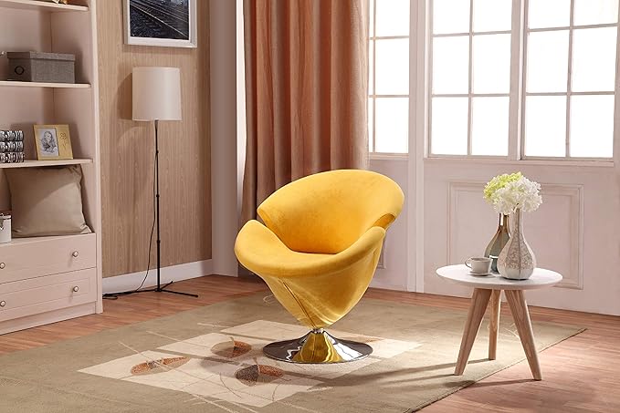 Manhattan Comfort Tulip Swivel Accent Chair Set of 2 with 360° Turn Modern Flower Inspired Design Soft Velvet Upholstery Polished Chrome Base No Assembly Required 300 Lbs Capacity Yellow