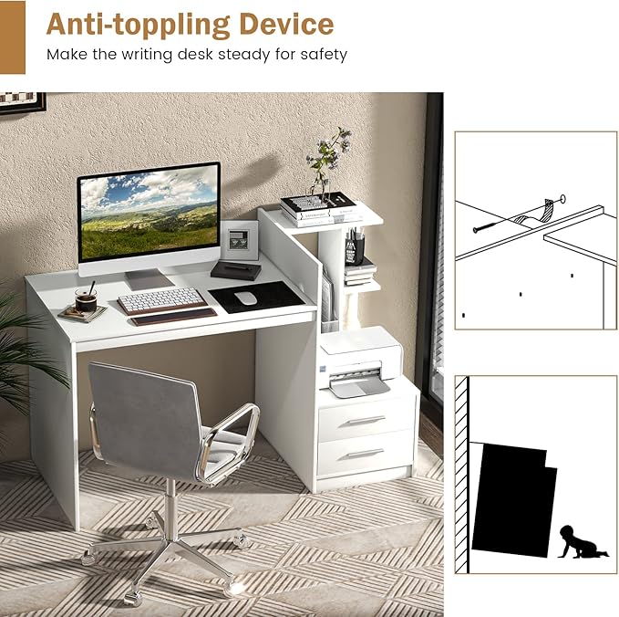Tangkula White Desk with 2 Storage Drawers &amp Bookshelf Home Office Desk with Corner Bookshelf &amp Printer Stand Small Writing Study Desk for Small Space Modern Vanity Table for Bedroom (White